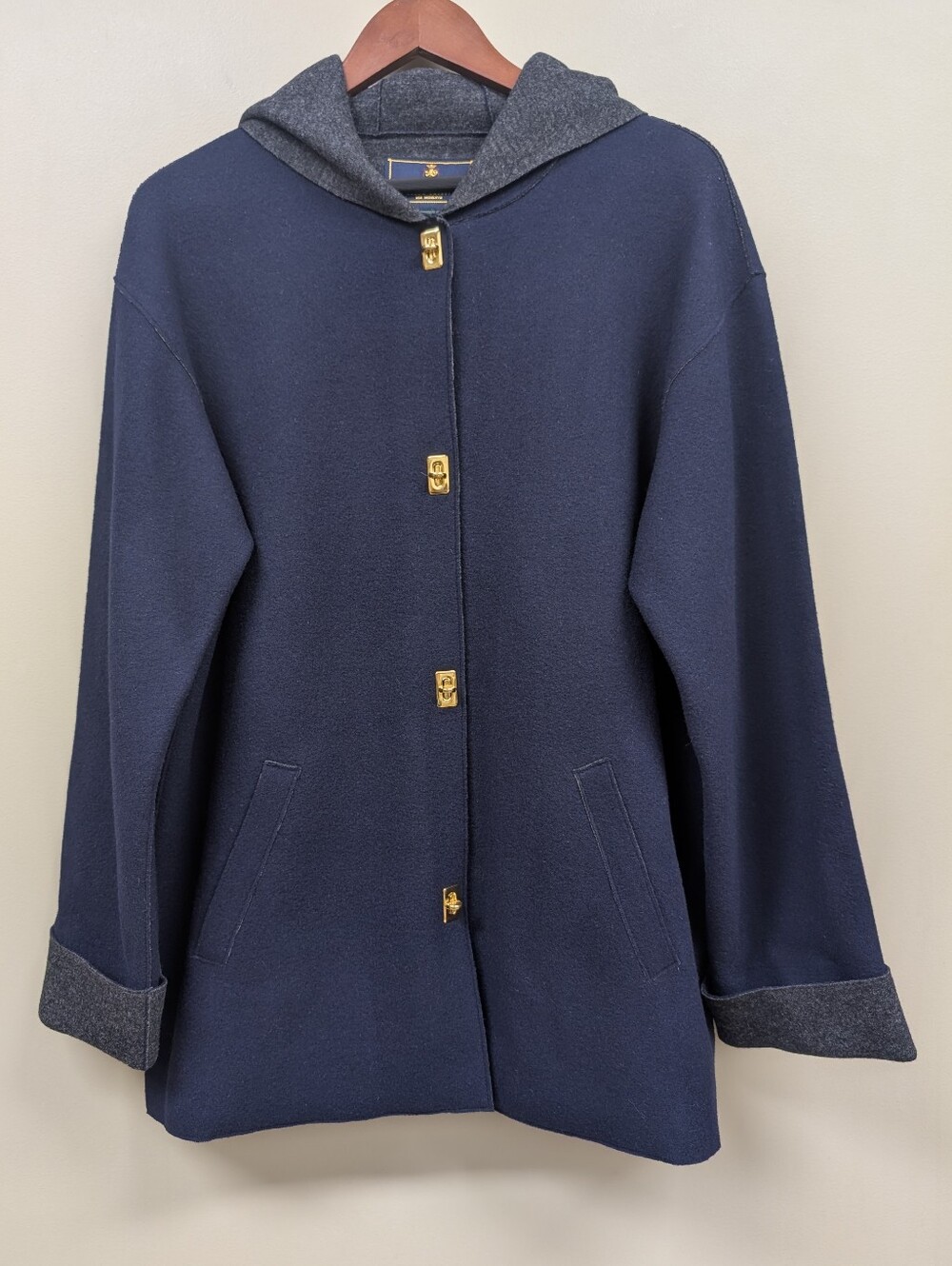 Vintage Lauren Ralph Lauren Navy Oxfordshire Wool Blend Hooded Coat Large